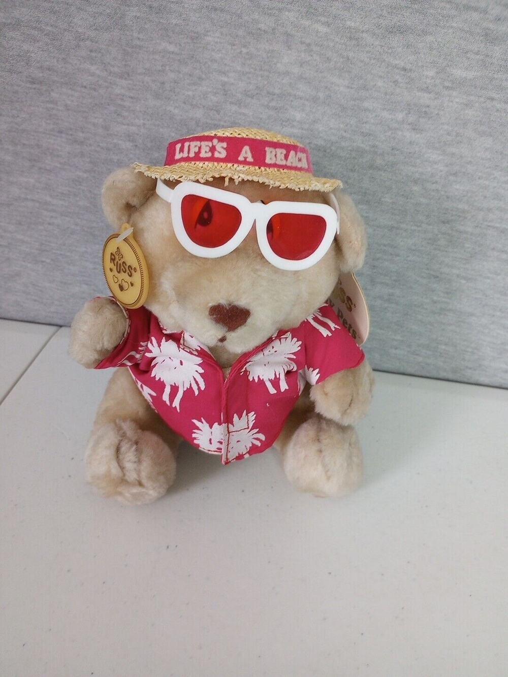 Vintage Russ Berrie Life A Beach Bear 7 inch Hawaiian Shirt Pink Korea